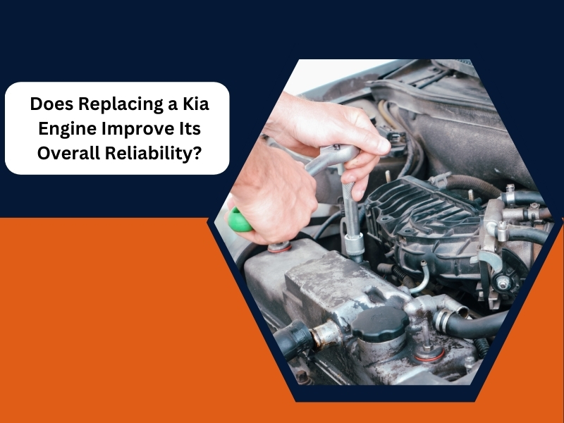 Replacing a Kia engine is shown in this image. A mechanic is working on a car engine.